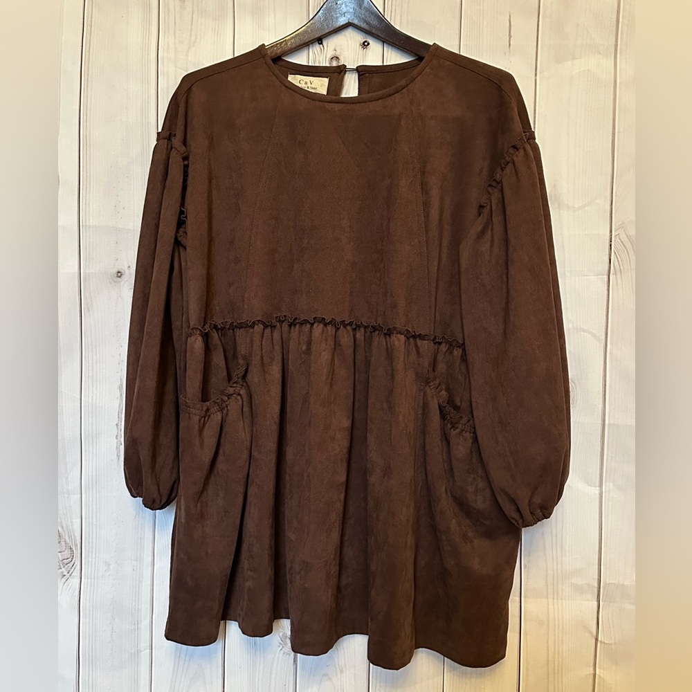 Chelsea & Violet Brown Faux Suede Babydoll Tunic Dress with Pockets
